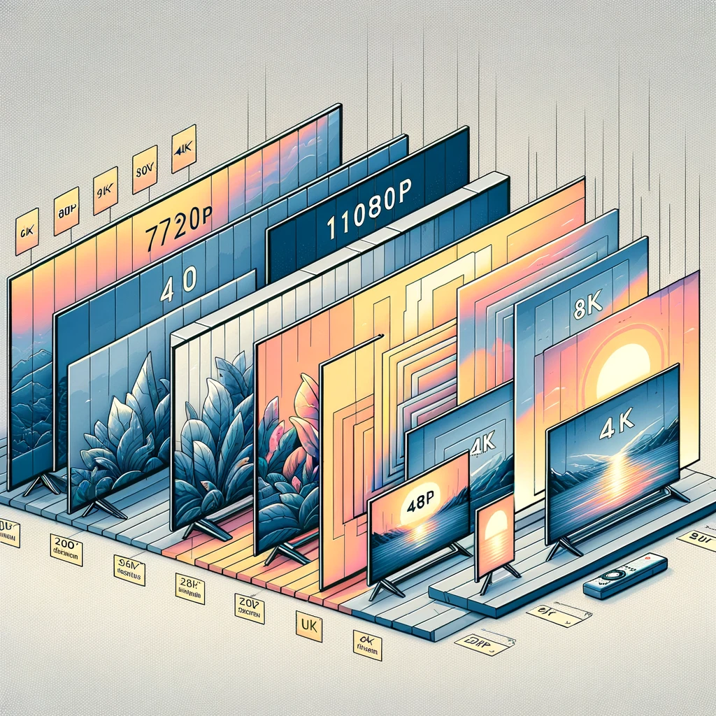 A collection of screens with different resolutions such as 720p, 1080p, 4K, and 8K displayed on each screen.