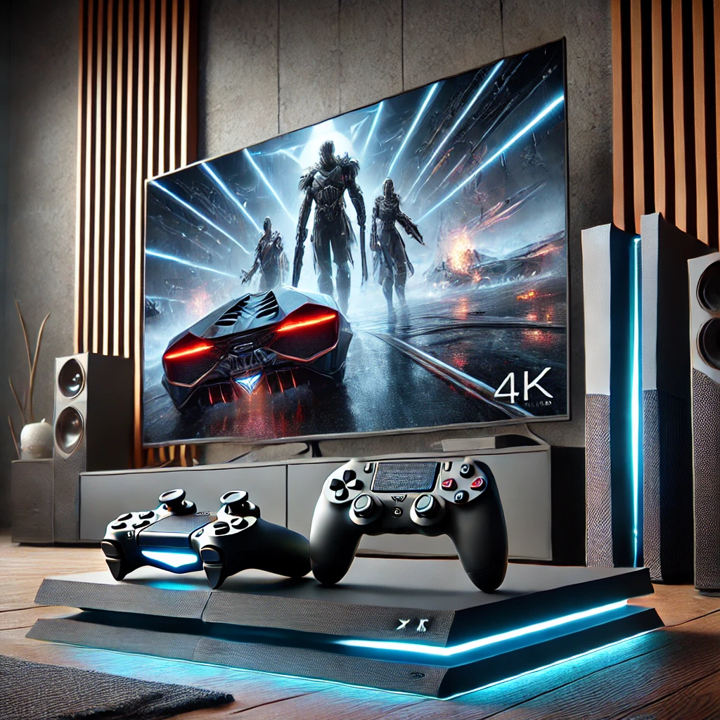A collection of gaming console electronics including a gaming console, controllers, a VR headset, and gaming accessories displayed together.