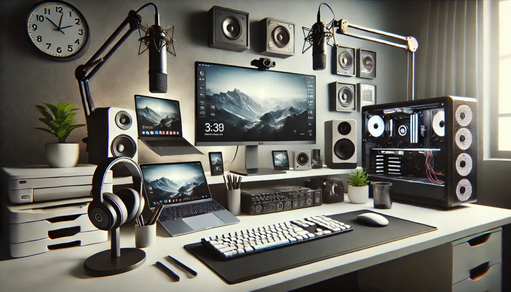 A collection of computer and accessories electronics including a desktop computer, keyboard, mouse, monitor, external hard drive, and headphones displayed in an office-like setting.