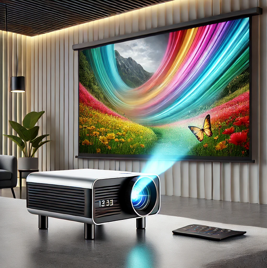 A high-quality image of a projector and a large projection screen set up in a beautifully decorated and modern room.