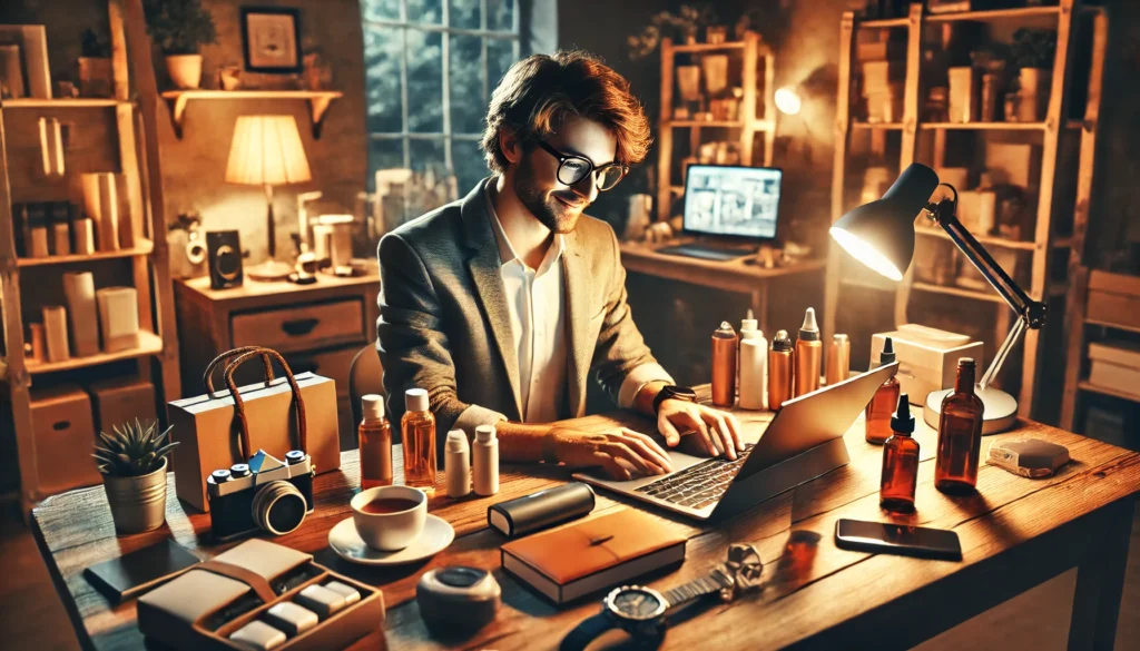 A man sitting on a chair, working intently on his laptop at a desk with a cup of tea, bottles, and a study light in an office or library setting.