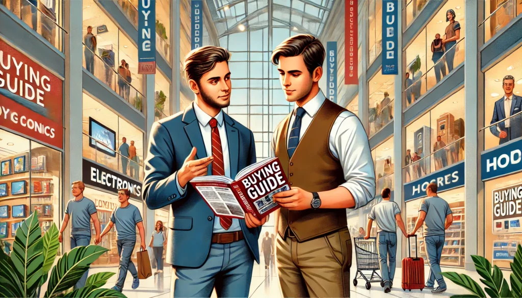 Two men standing in a shopping mall holding a book labeled 'Buying Guide,' with one man pointing to something in the book.