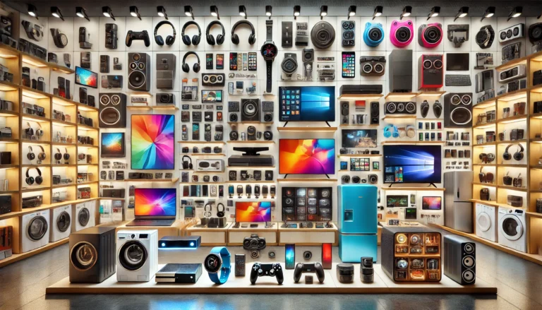 A collection of various electronics, including laptops, smartphones, headphones, cameras, and home appliances, displayed together in one image.