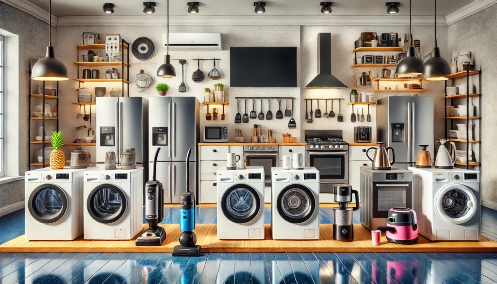 A collection of home appliances including refrigerators, washing machines, ovens, blenders, and vacuum cleaners displayed together in one image.