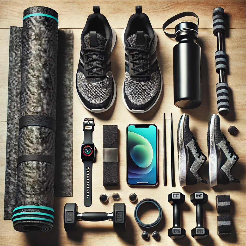 A collection of fitness gear including dumbbells, yoga mats, resistance bands, treadmills, and kettlebells displayed together in one image.