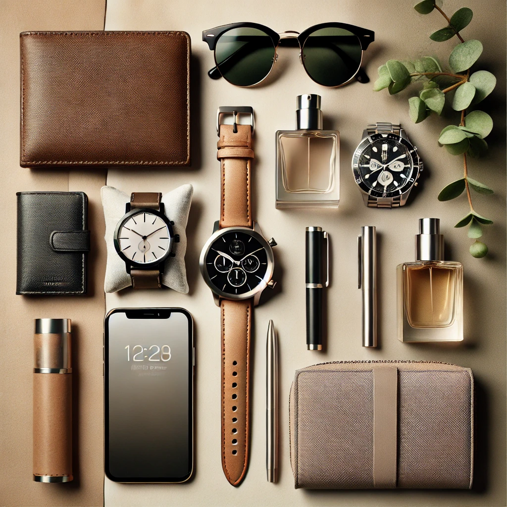 A collection of lifestyle products including watches, sunglasses, handbags, skincare products, and perfumes displayed together in one image.