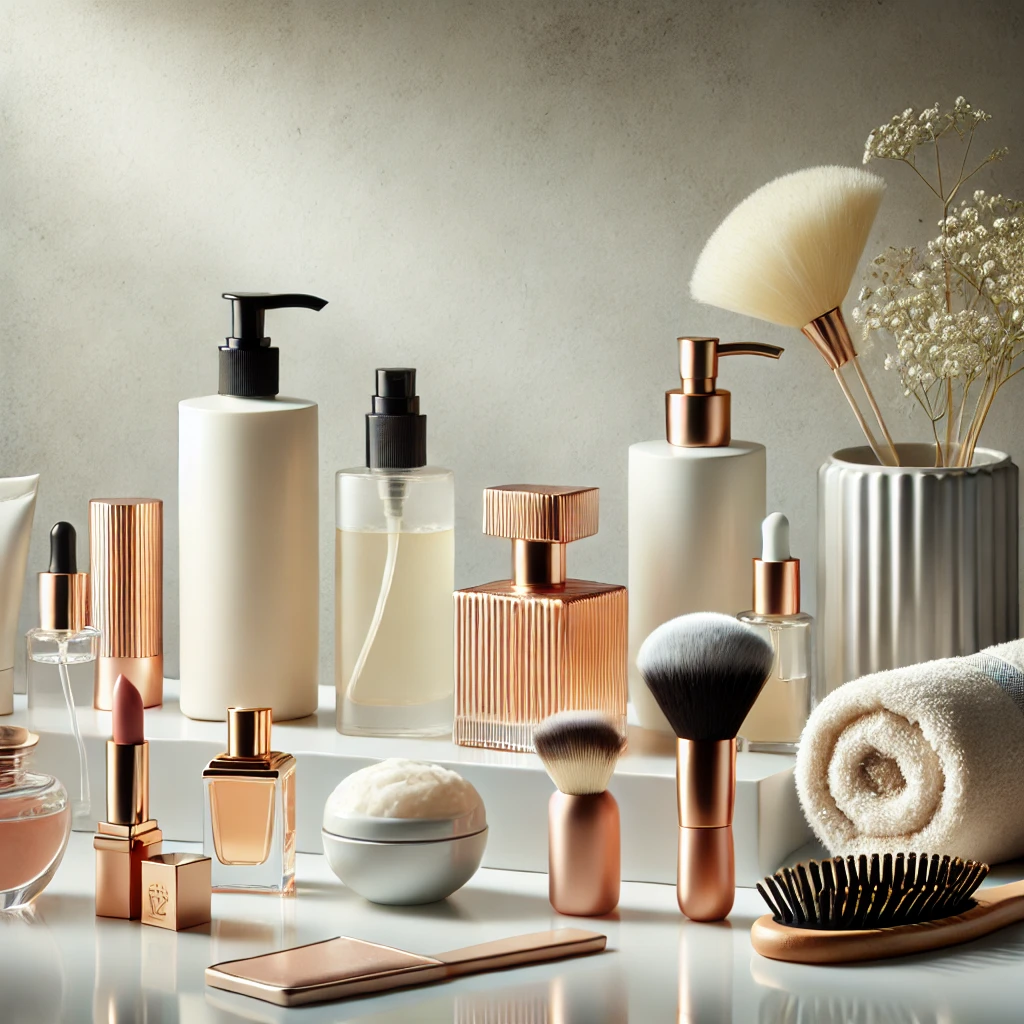 A collection of beauty and personal care products including skincare creams, makeup kits, shampoos, razors, and perfumes displayed together in one image.