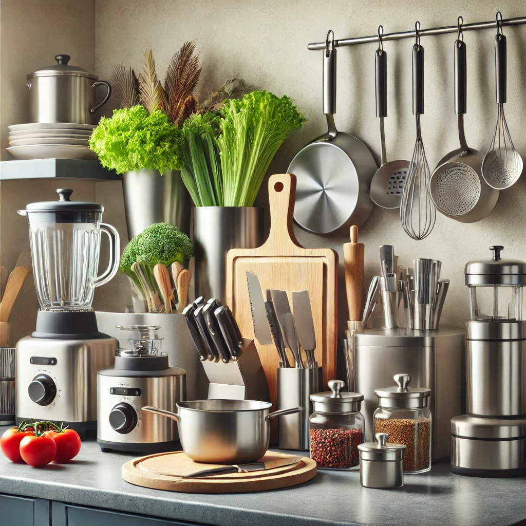A collection of kitchen essentials including pots, pans, knives, cutting boards, blenders, and utensils displayed together in one image.