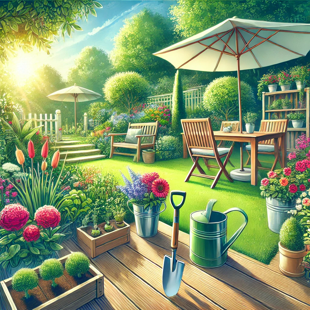 A collection of outdoor and gardening products including a lawn mower, watering can, garden tools, planters, and patio furniture displayed in a beautiful garden.