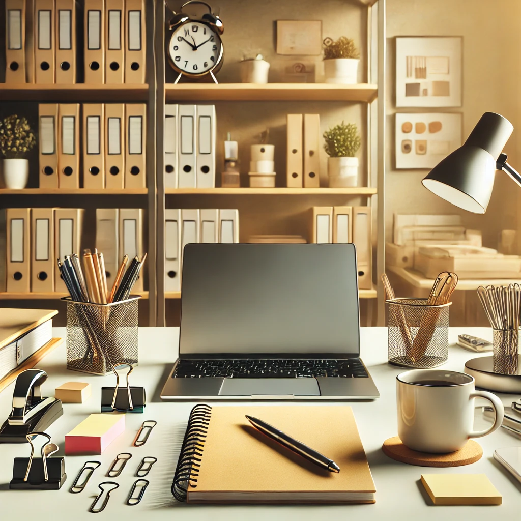 A collection of office supplies including notebooks, pens, staplers, file organizers, desk lamps, and a printer displayed on a desk.