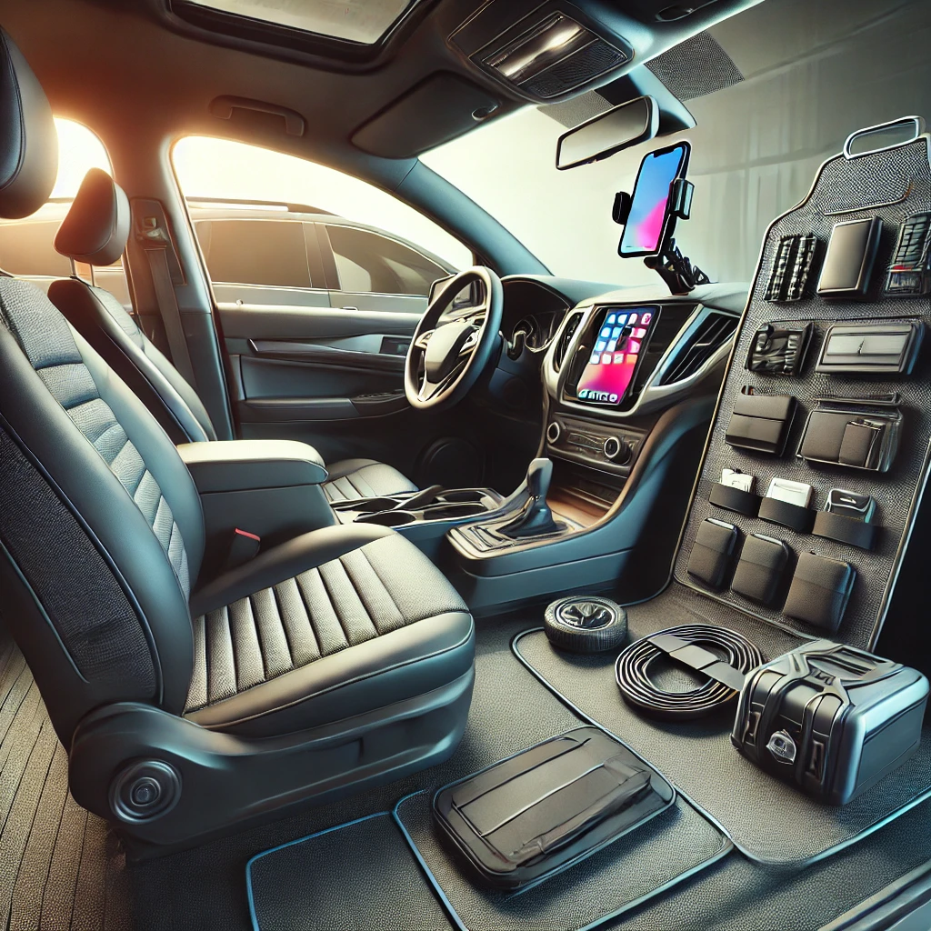 A collection of automotive accessories including seat covers, phone mounts, car organizers, dash cams, and LED lights displayed together.