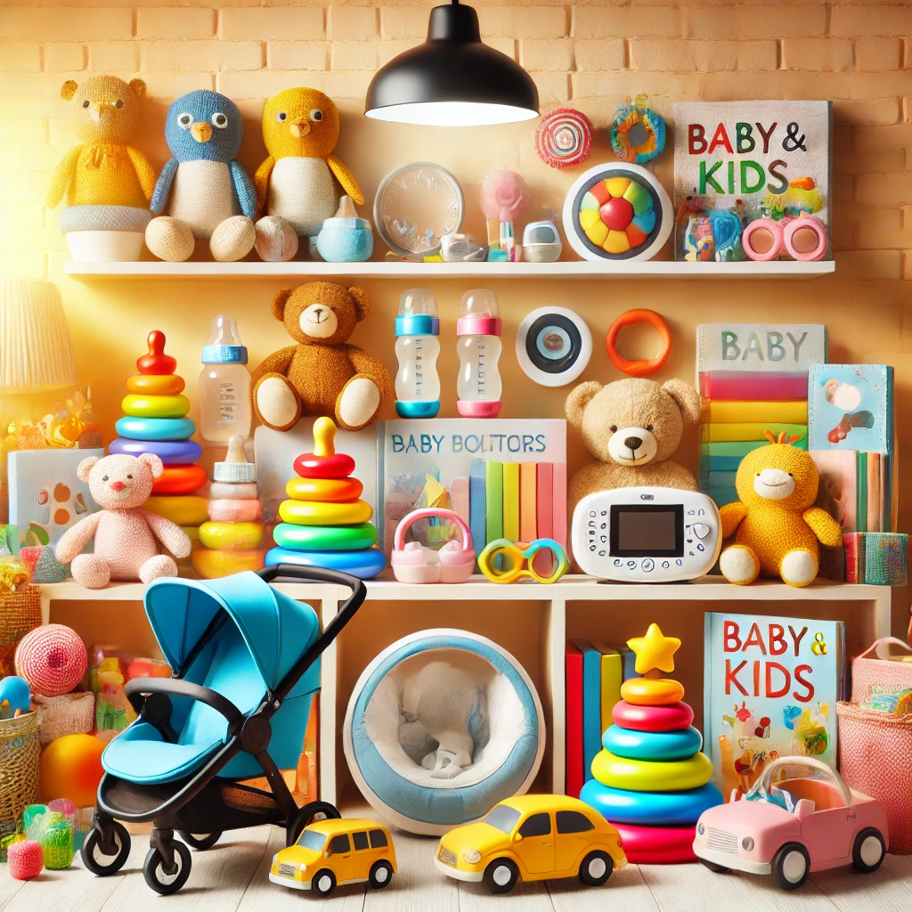 A collection of baby and kids products including strollers, toys, diapers, clothing, feeding bottles, and a crib displayed together.