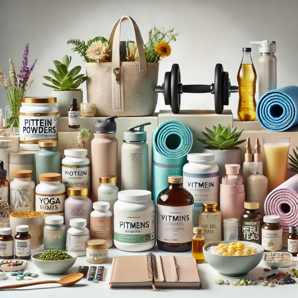 A collection of health and wellness products including fitness trackers, yoga mats, vitamins, first aid kits, and massage devices displayed together.