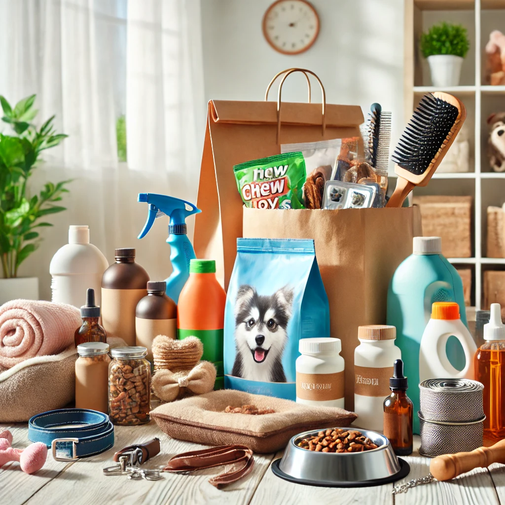 A collection of pet supplies including pet food, toys, grooming brushes, collars, beds, and feeding bowls displayed together.