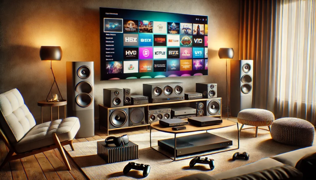 A collection of home entertainment electronics including a large screen TV, gaming console, soundbar, headphones, and media players arranged in an office-like setting.