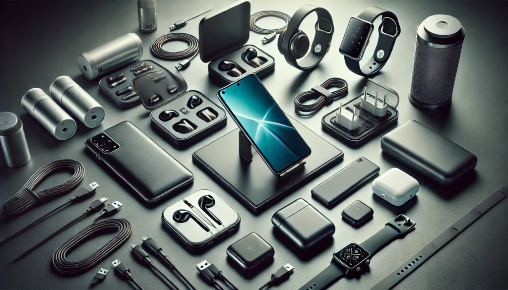A collection of smartphones and accessories including smartphones, phone cases, chargers, power banks, and earbuds displayed in an office setting.