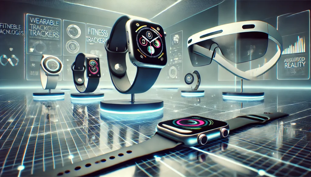 A collection of wearable technology including smartwatches, fitness trackers, VR headsets, and wireless earbuds displayed together.
