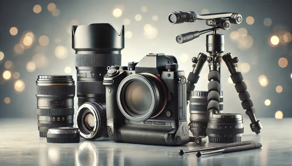 A collection of camera and photography electronics including DSLR cameras, lenses, tripods, memory cards, and camera bags displayed together.