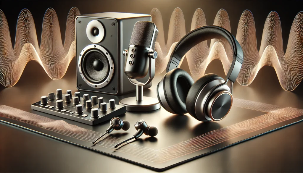 A collection of audio and music electronics including headphones, speakers, microphones, soundbars, and amplifiers displayed together.