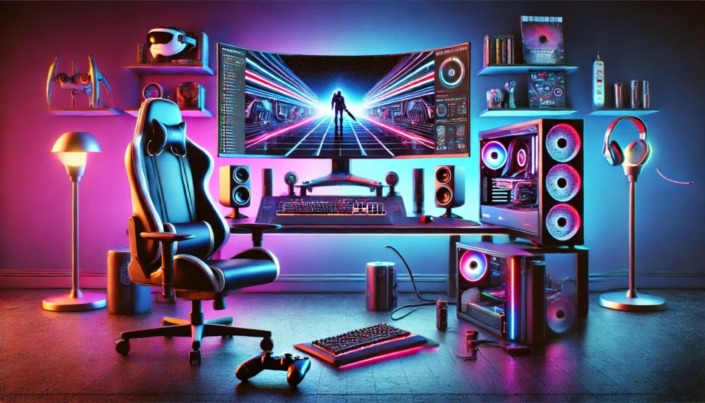 A collection of gaming electronics including gaming consoles, controllers, gaming headsets, keyboards, and monitors displayed together.