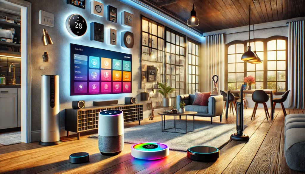 A collection of smart home devices including a smart thermostat, smart lights, a smart speaker, a security camera, and a robot vacuum displayed in a stylish room.