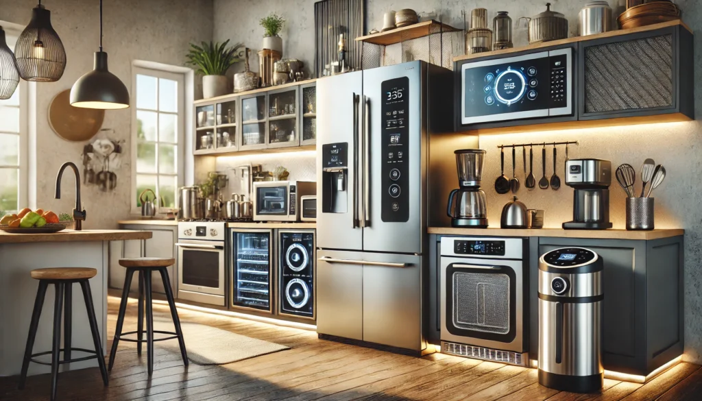 A collection of kitchen electronics including a microwave, blender, coffee maker, toaster, and food processor displayed in a modern kitchen.