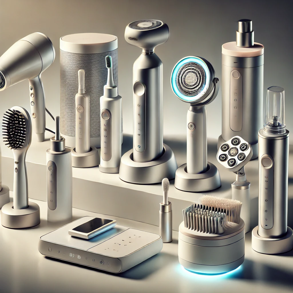 A collection of personal care electronics including hair dryers, electric shavers, facial steamers, trimmers, and electric toothbrushes displayed together.