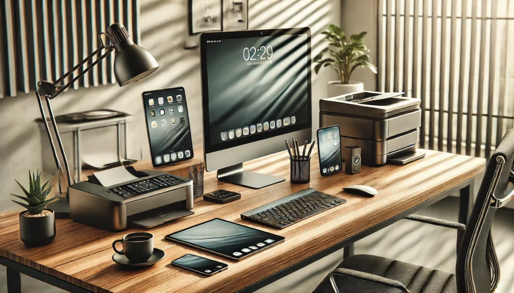 A collection of office electronics including a desktop computer, printer, monitor, wireless keyboard, and conference speaker displayed in a modern office.