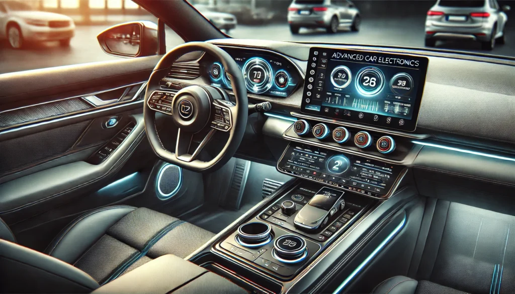 A collection of car electronics including a dashboard camera, GPS navigation system, Bluetooth receiver, car stereo, and parking sensors installed in a sleek and modern car interior.
