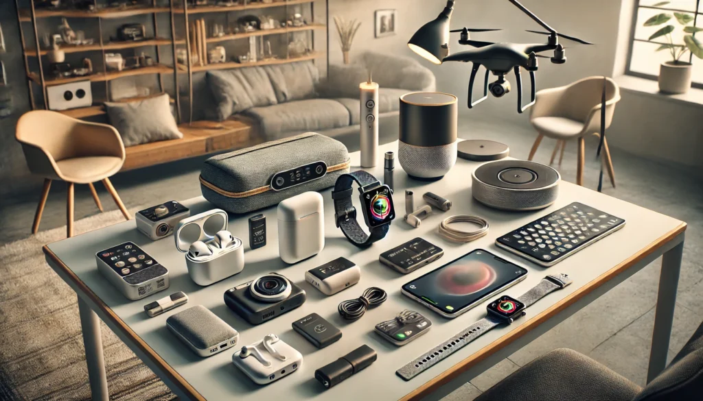 A collection of miscellaneous electronics including a power bank, smart plug, portable speaker, wireless charger, and digital alarm clock displayed on a table in a decorative room.