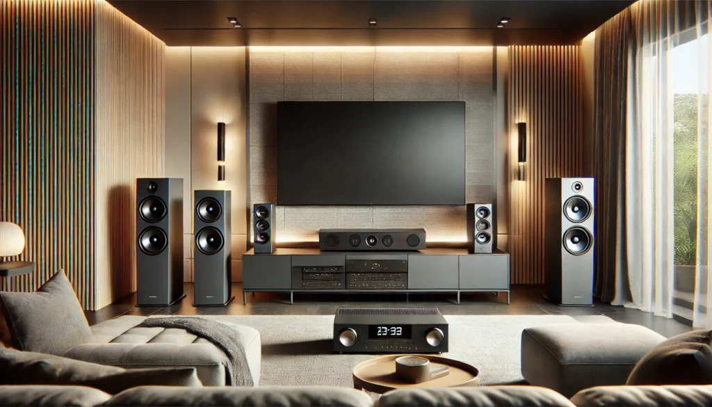A complete home theater system including a large screen TV, surround sound speakers, a subwoofer, and a media player displayed in a stylish living room.