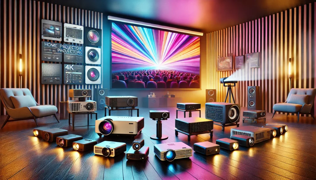 A high-definition projector and a large projection screen displayed in a beautifully designed and clean room with a cozy seating area.