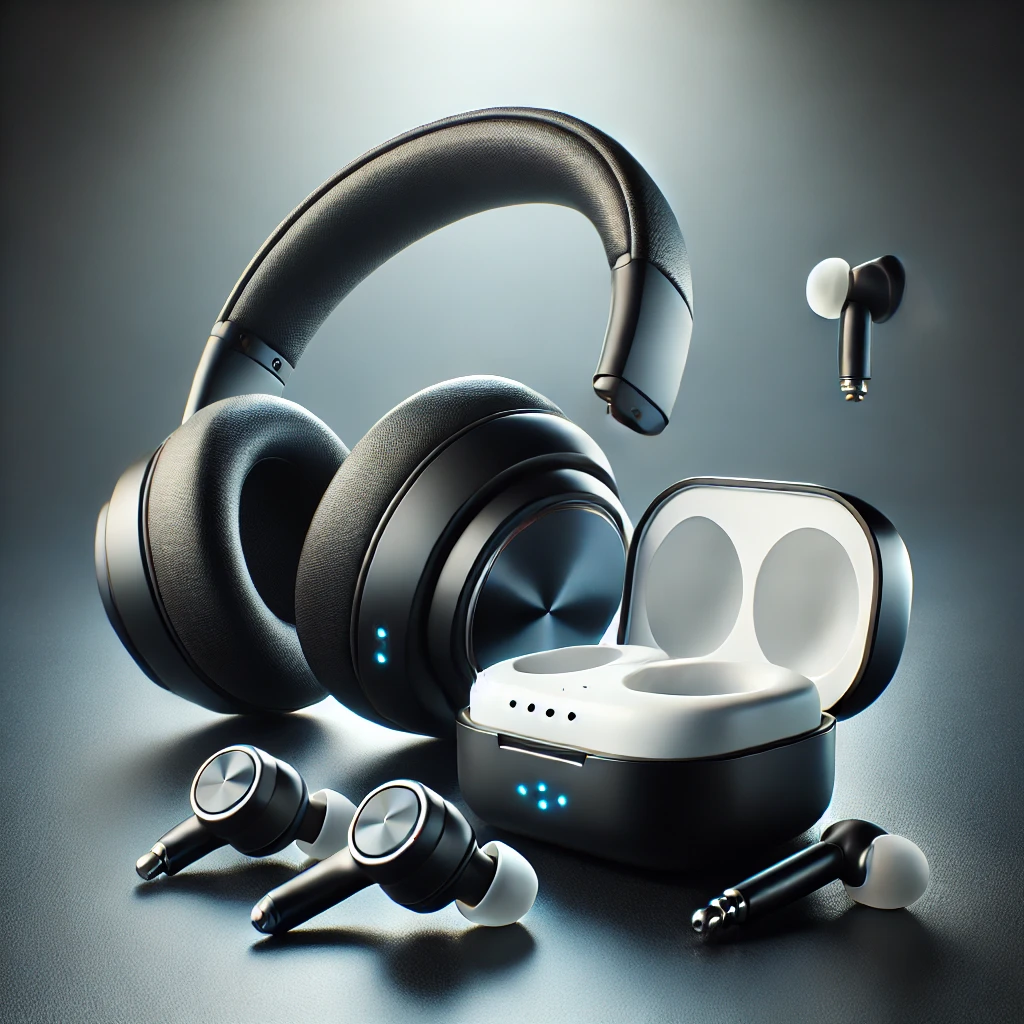 A collection of audio devices including over-ear headphones, wireless earbuds, and in-ear earphones displayed together.