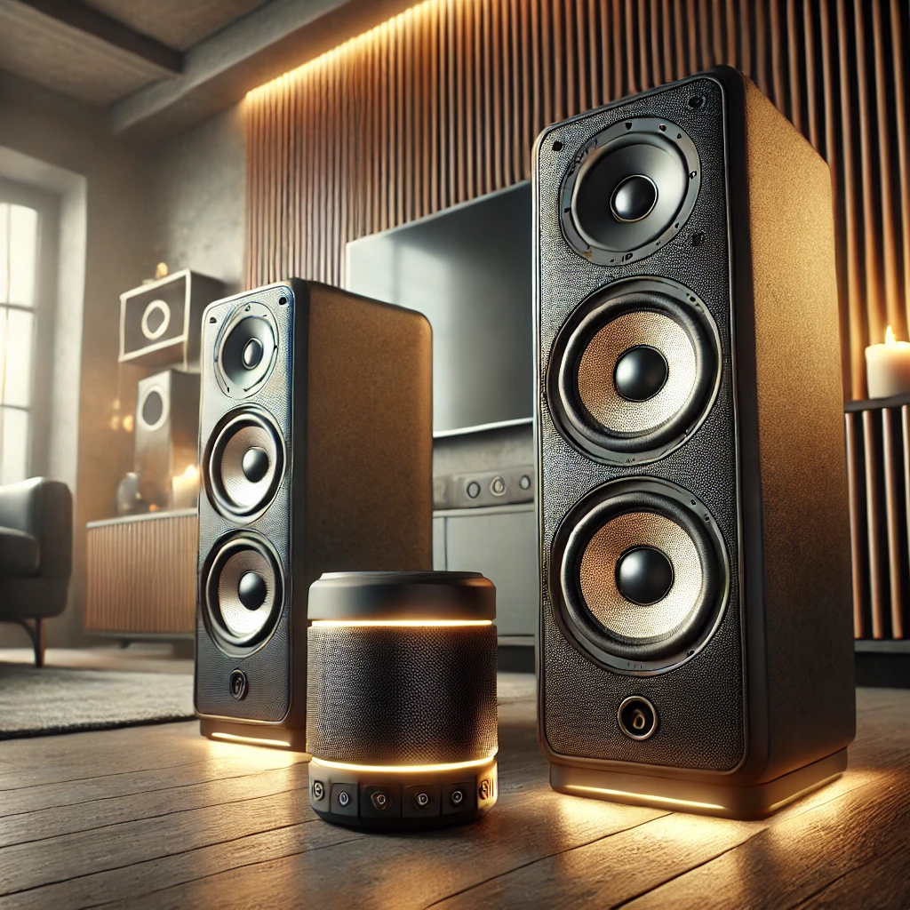 A collection of speaker electronics including portable Bluetooth speakers, soundbars, and bookshelf speakers displayed together.