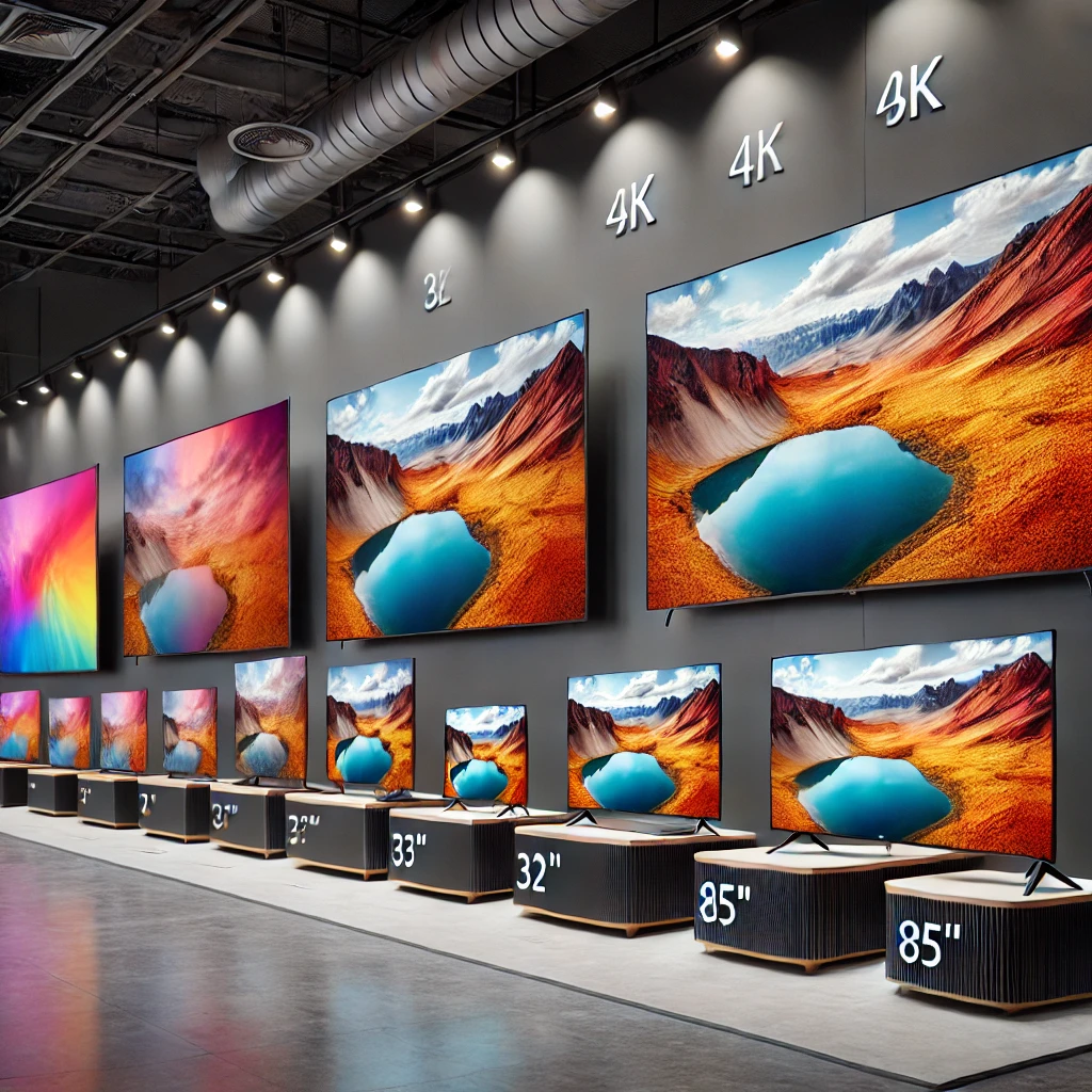 A collection of TV screens in various sizes displayed together, showcasing sleek and modern designs.