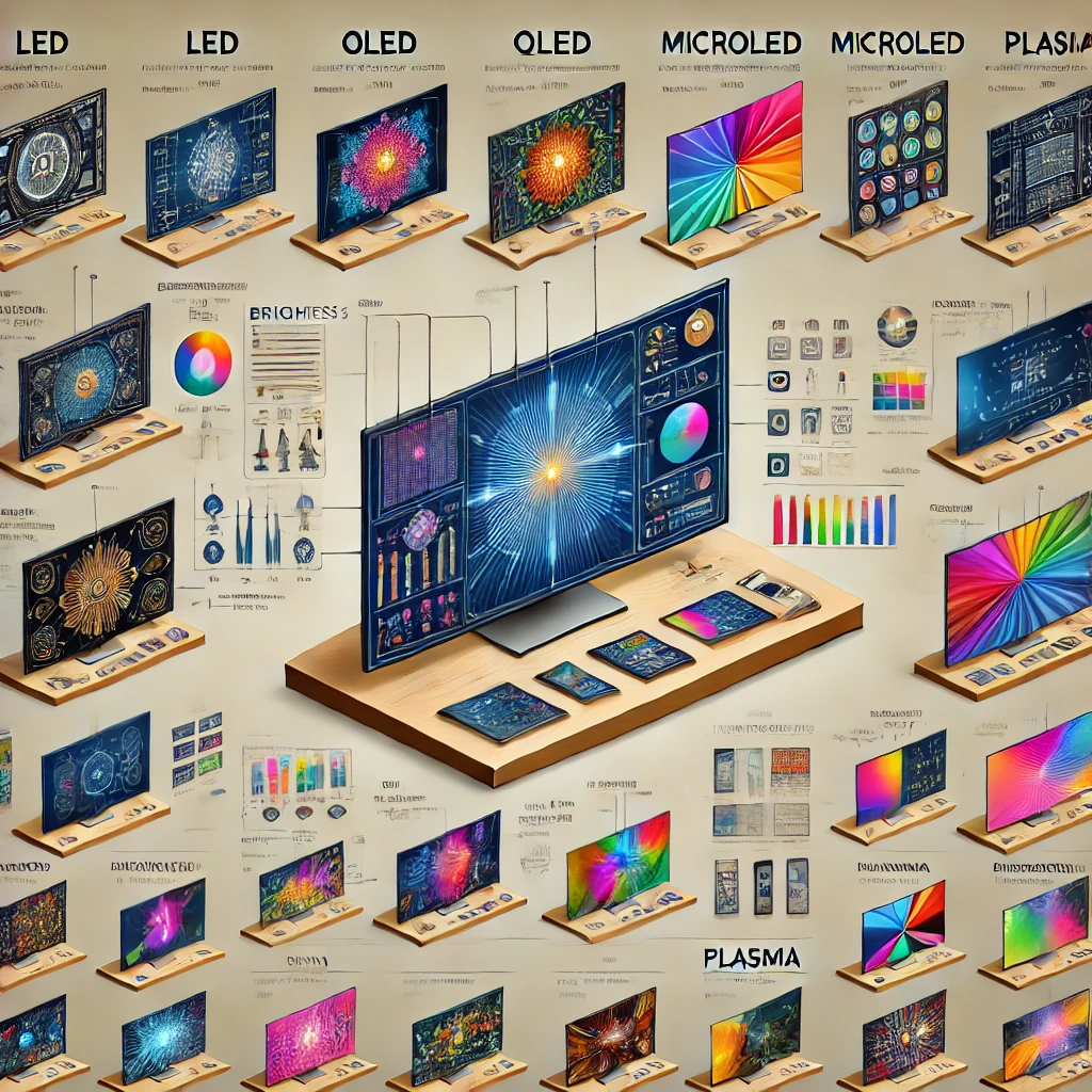 An educational illustration showcasing various display technologies, including LED, OLED, QLED, MicroLED, and Plasma displays, with labeled examples for each.