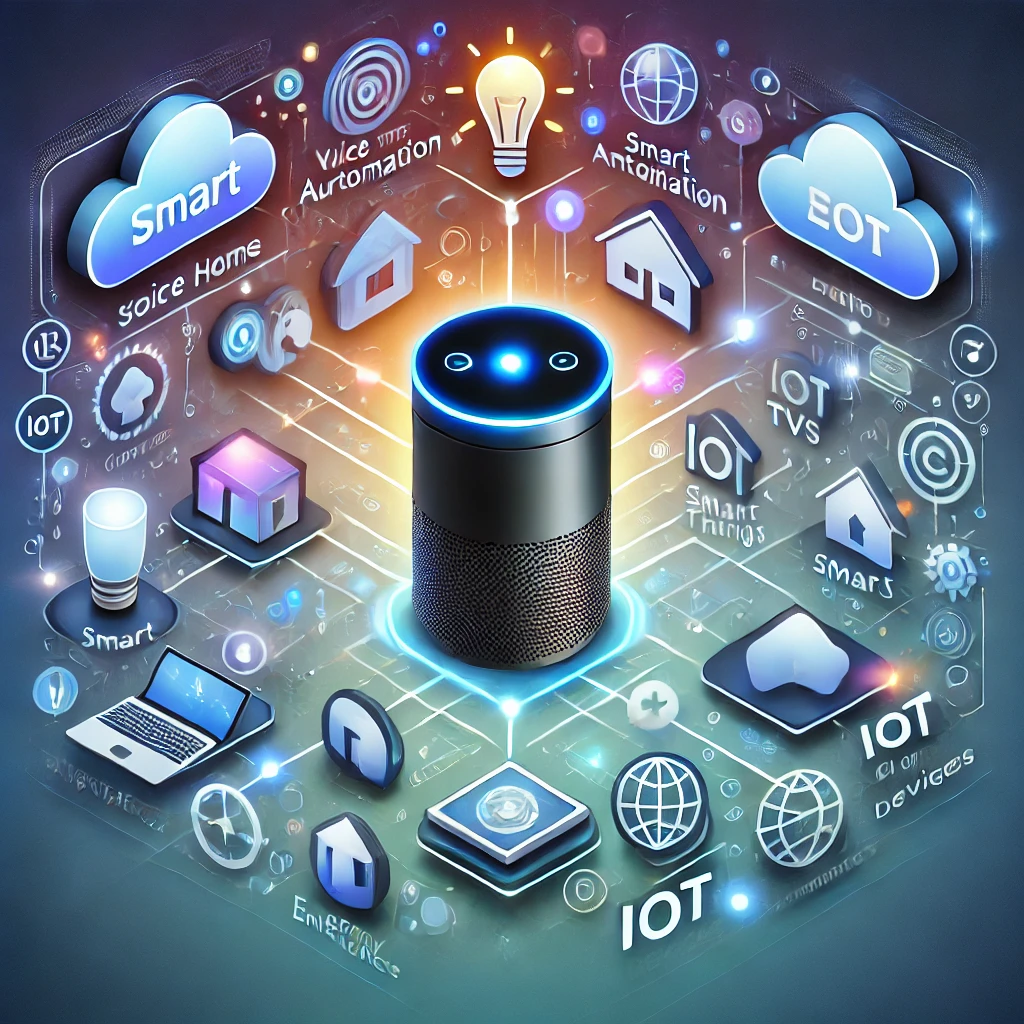 A high-quality modern illustration showcasing smart technology features, including smart home automation, voice assistants, IoT devices, smart security, and wearable tech icons.