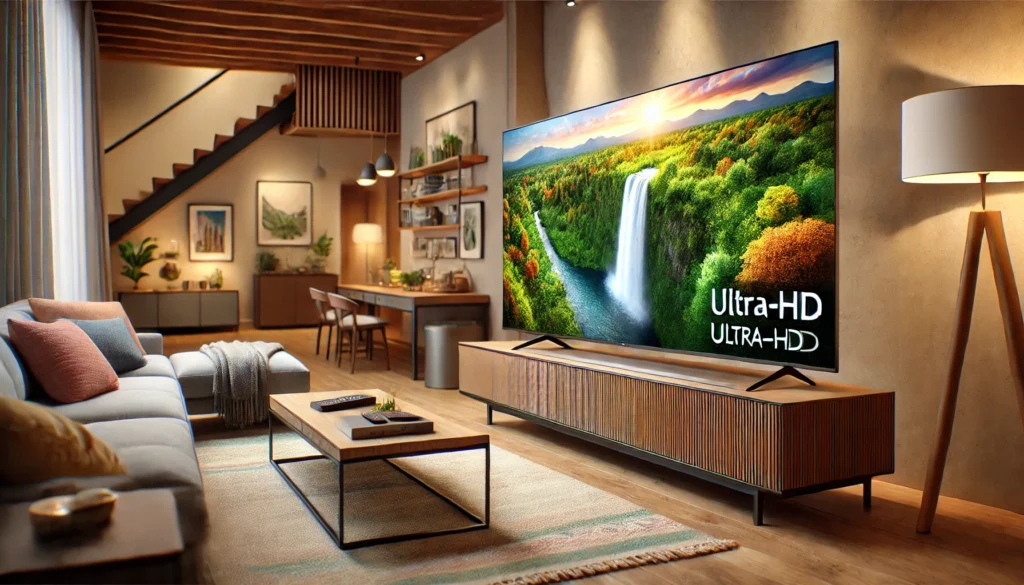 A sleek and modern high-definition TV displayed in a beautifully designed and stylish living room.