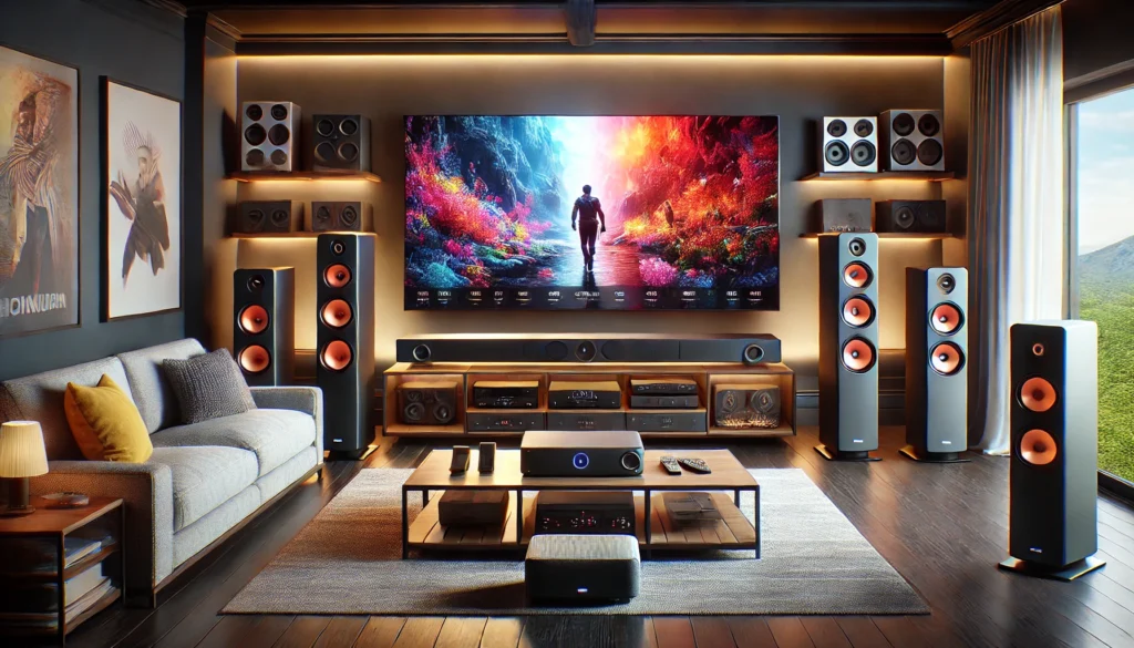 A sharp and high-quality image of a complete home theater system, including a large flat-screen TV, central sound system, subwoofer, and surround speakers, displayed in a modern living room.
