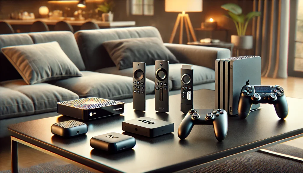 A high-quality image showcasing a collection of popular streaming devices, including a smart TV stick, streaming box, remote controls, and a gaming console, displayed on a sleek table in a modern living room.