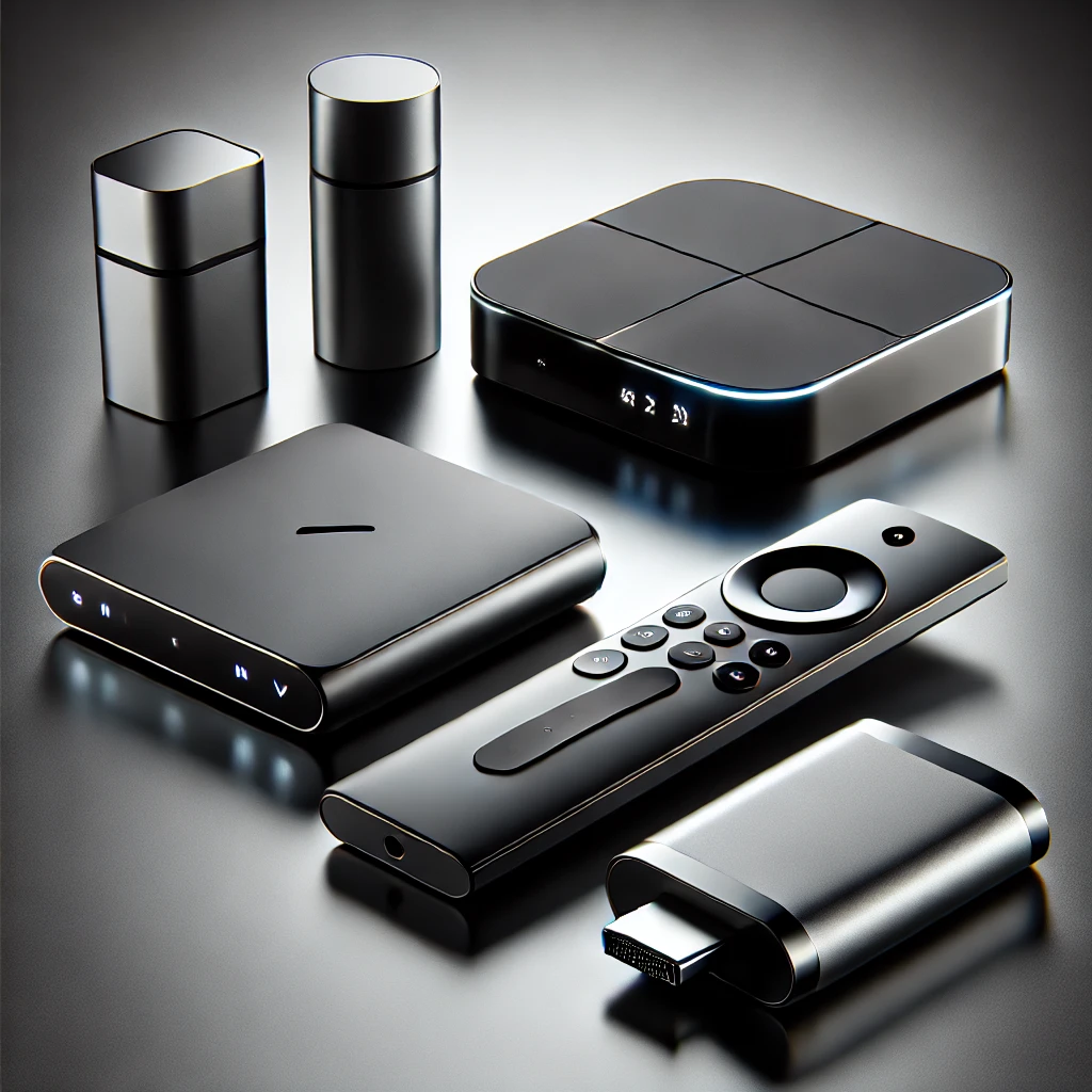 A high-quality image of various modern streaming devices, including a streaming stick, a compact streaming box, and remote controls, placed on a sleek surface.