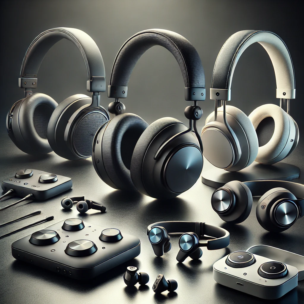 A high-quality image showcasing a variety of modern headphones and earphones, including over-ear headphones, on-ear headphones, wireless earbuds, and in-ear earphones, displayed on a sleek surface.