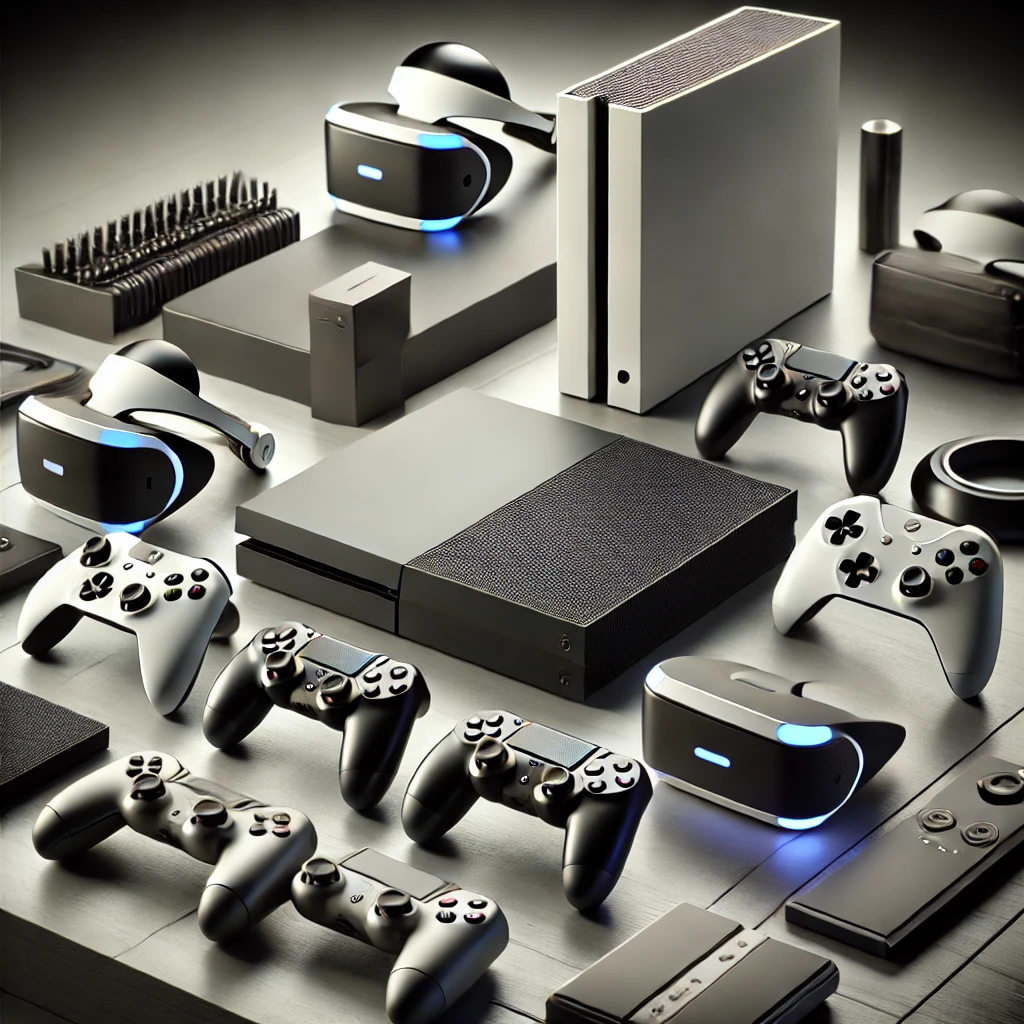 A high-quality image showcasing modern gaming consoles and accessories, including popular consoles, futuristic controllers, and gaming headsets, displayed on a sleek surface.