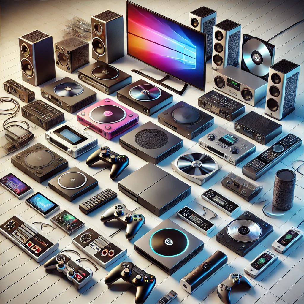 A high-quality digital illustration showcasing various media player electronics, including Blu-ray players, streaming devices, portable media players, and audio CD players, arranged neatly together.
