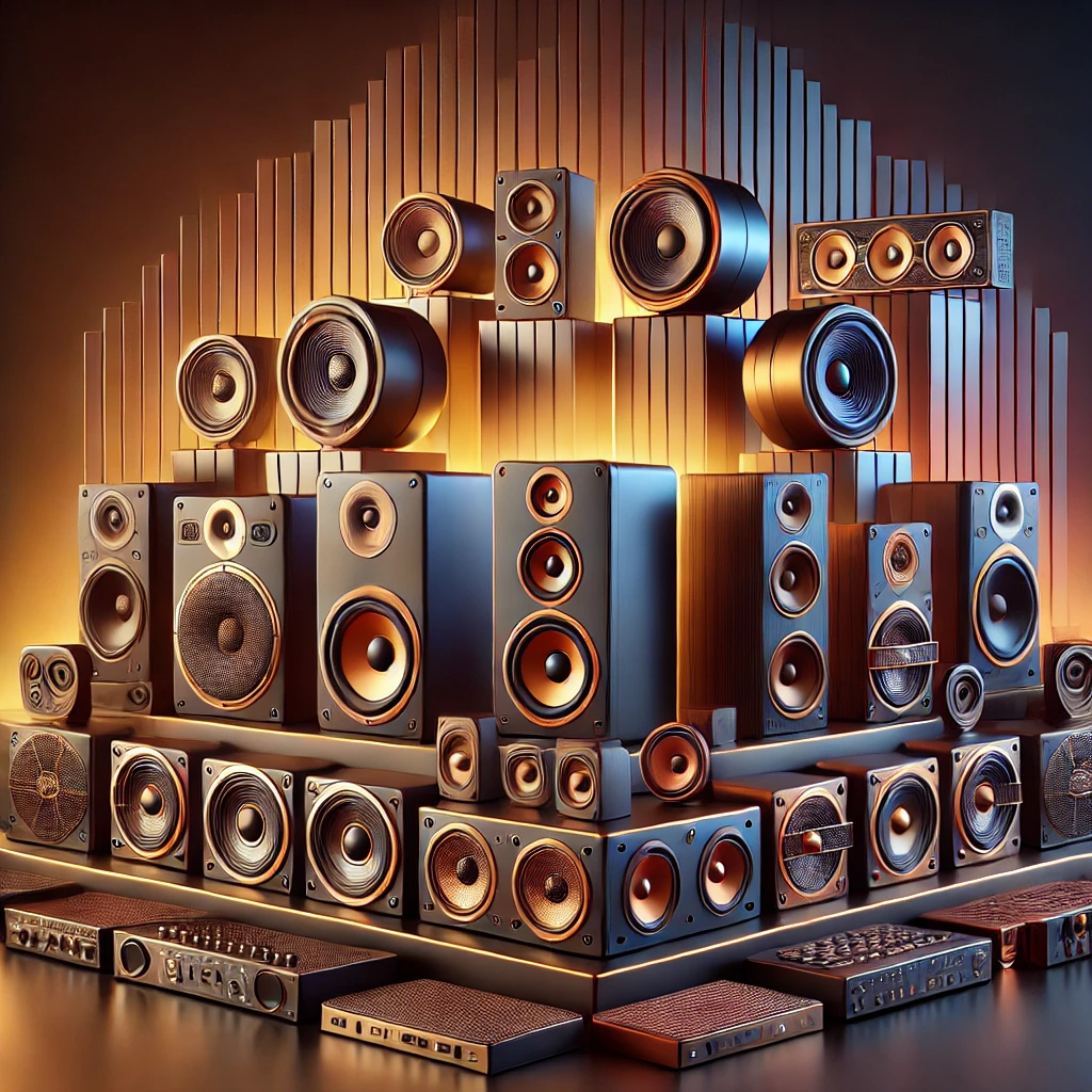 A high-quality digital illustration showcasing a variety of speakers, including portable, bookshelf, and tower speakers, displayed with vibrant and rich colors.
