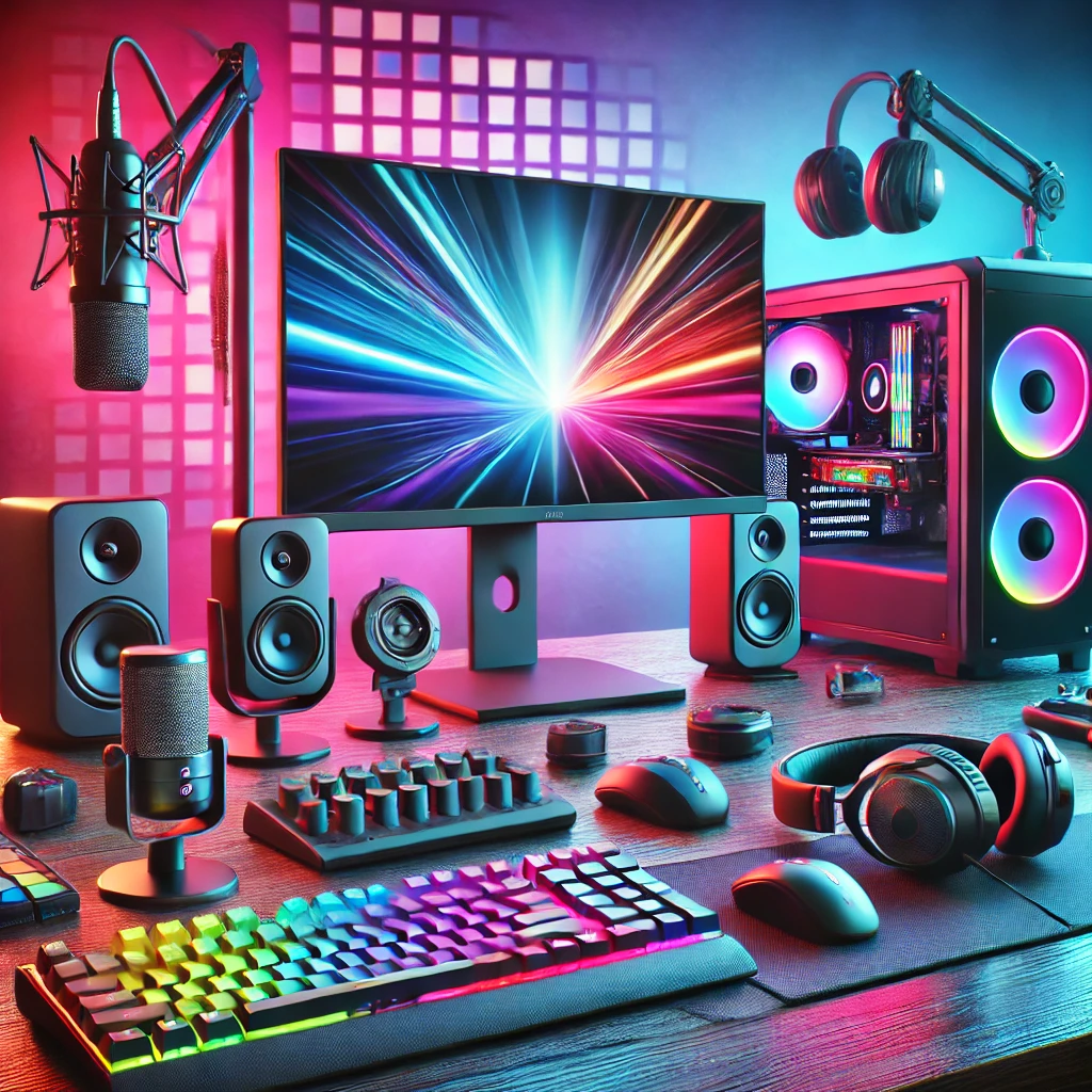 A high-quality, colorful image showcasing a modern desktop computer with a sleek monitor, keyboard, mouse, external hard drive, and other accessories.