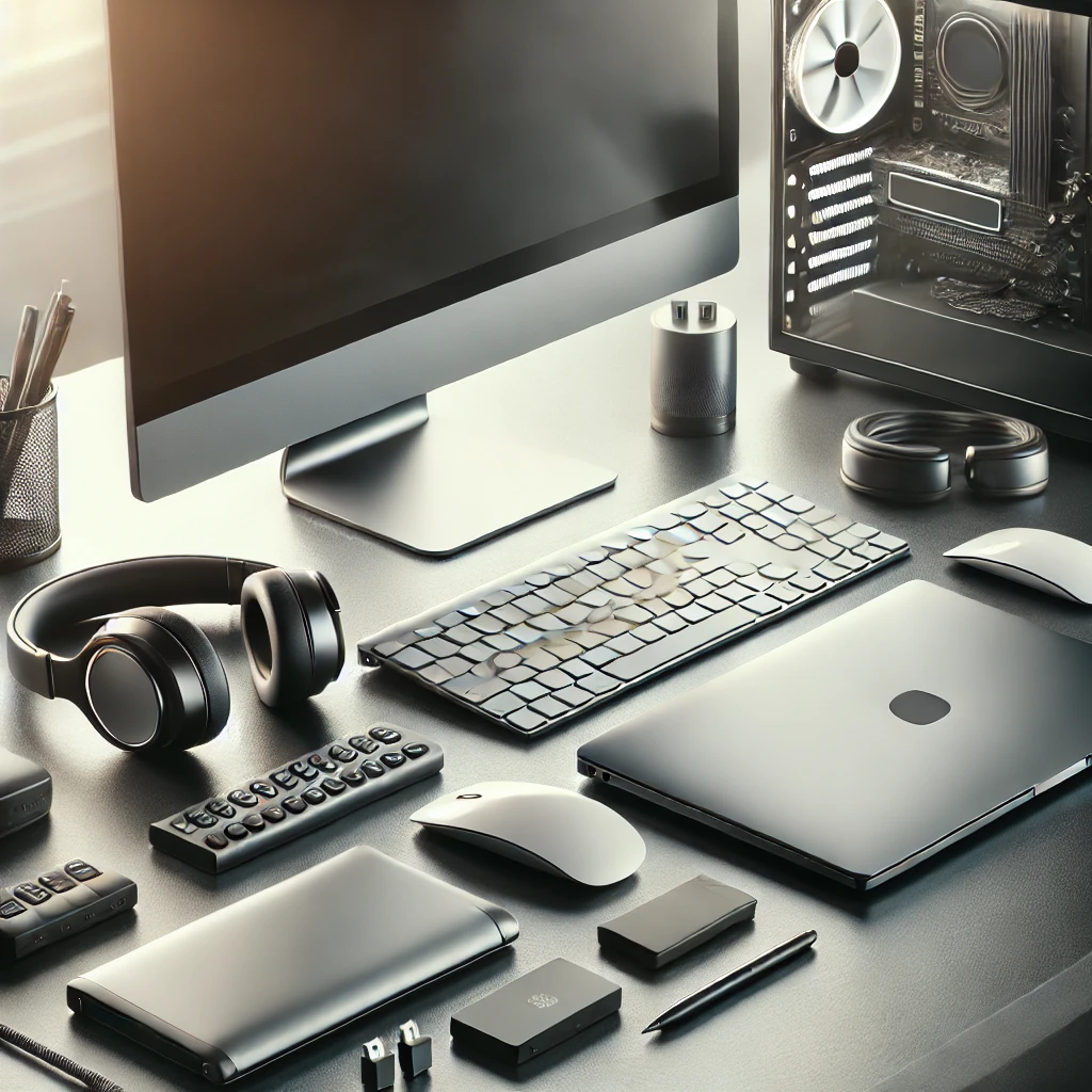 A high-quality image featuring a modern desktop computer, a sleek laptop, and a variety of laptop accessories such as a wireless mouse, keyboard, headphones, and external drives.