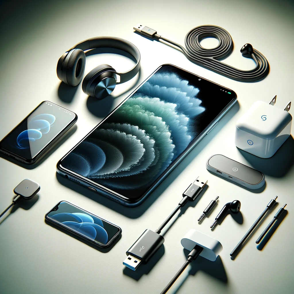 A high-quality image showcasing a modern smartphone along with its accessories, including a wireless charger, earphones, protective case, and screen protector.