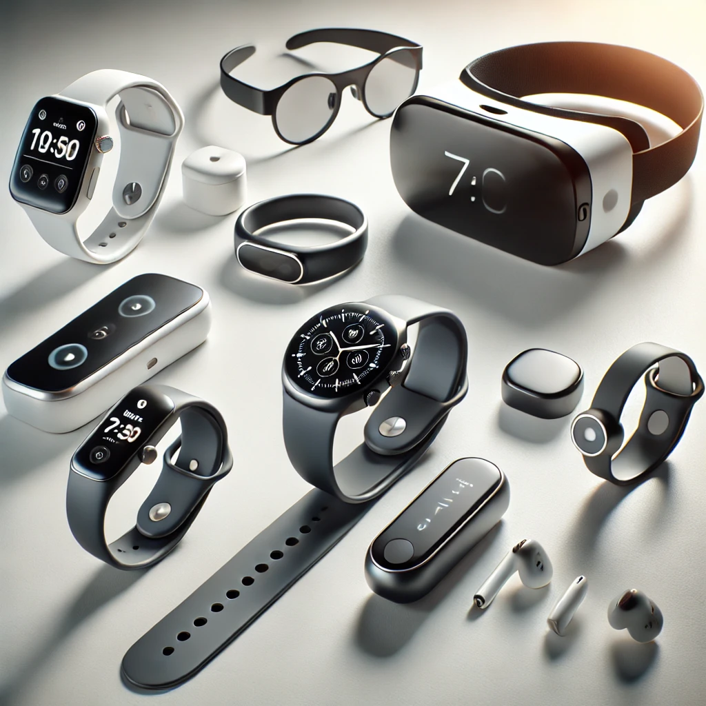 A high-quality image showcasing a variety of wearable technology devices, including a smartwatch, fitness tracker, smart glasses, wireless earbuds, and a VR headset, displayed in a sleek and modern arrangement.