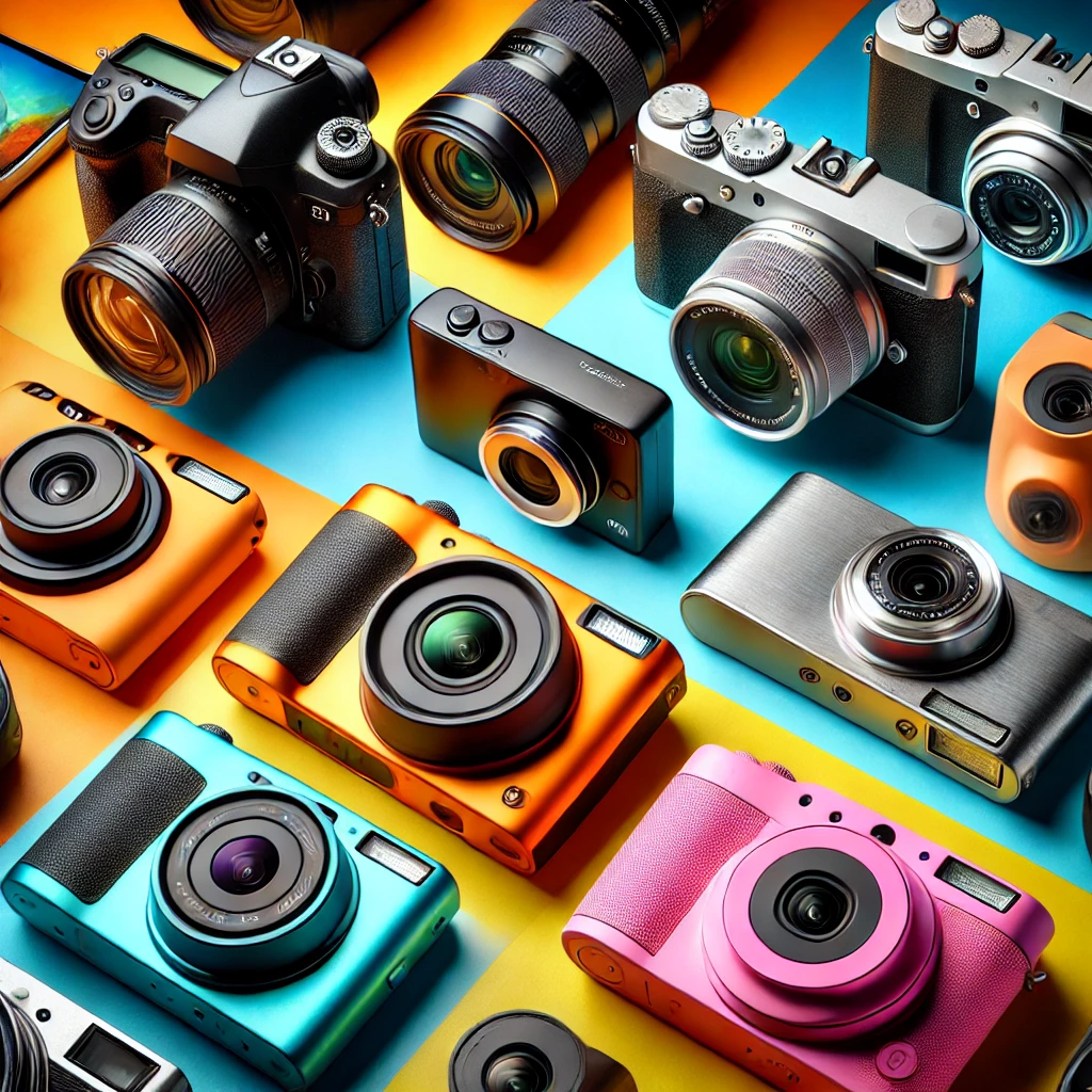 A vibrant and colorful image showcasing a variety of cameras